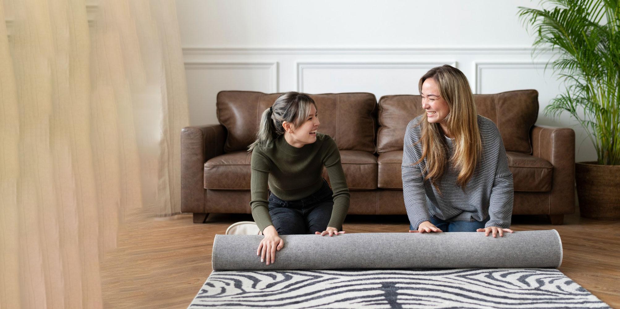 FLAID vloerkleed wordt uitgerold in een modern interieur
