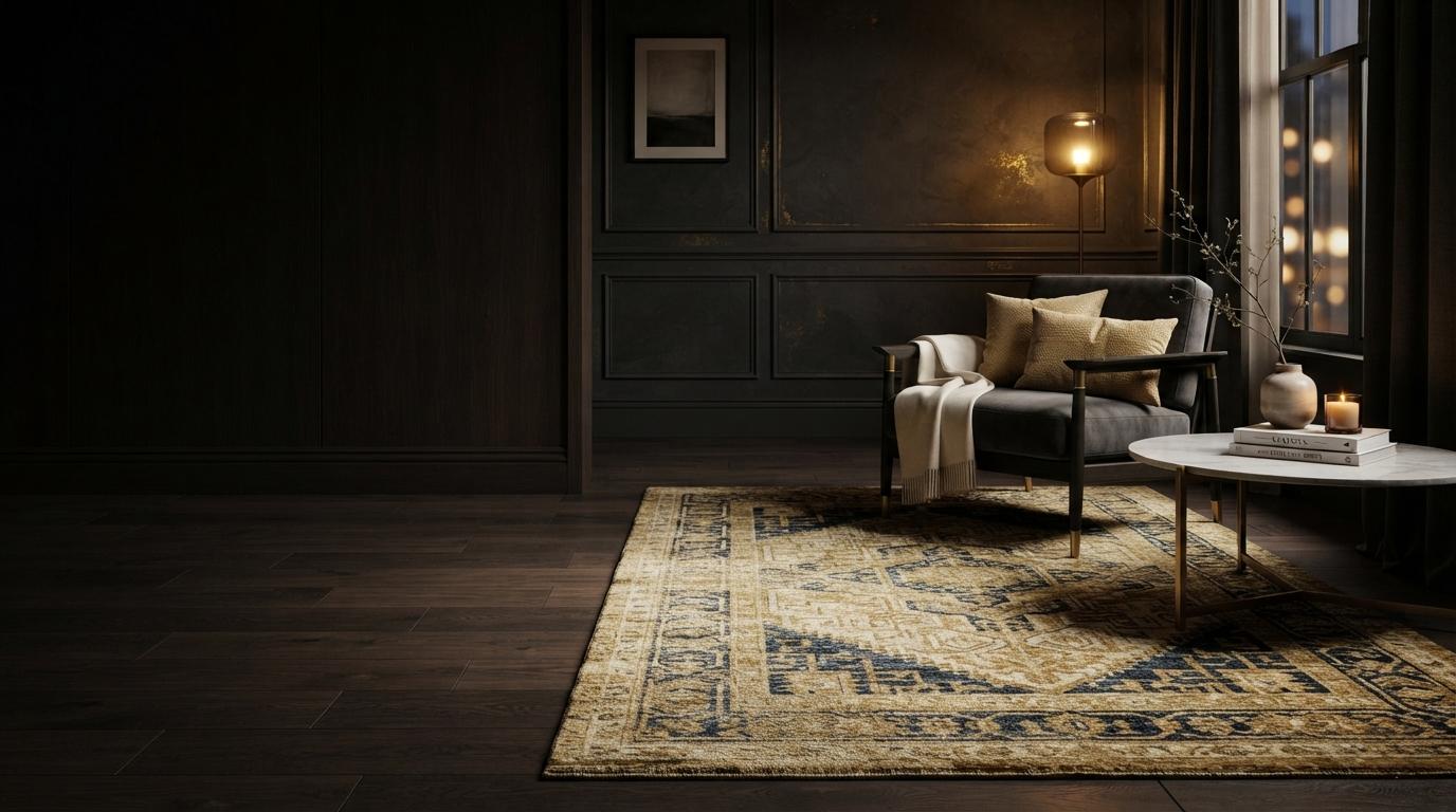 Donker interieur met een FLAID vloerkleed